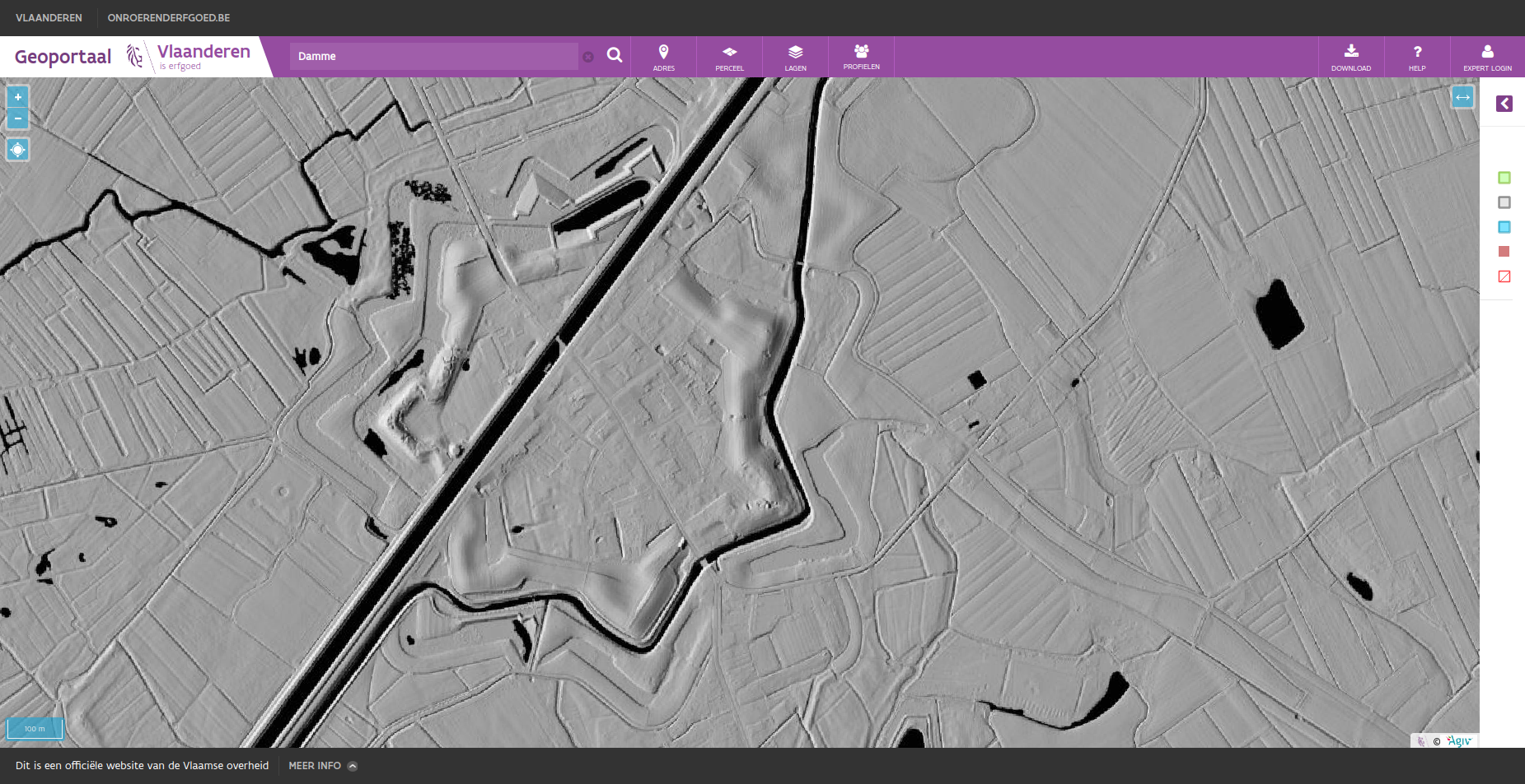 The city of Damme and its fortifications as seen on the multidirectional hillshade
